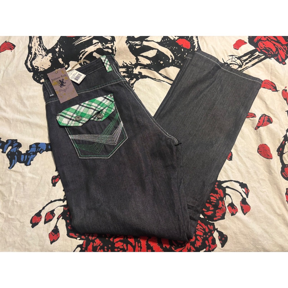 Attitude Gold Mens Wide Leg Jeans 40x34 Dark Wash Plaid Accents Y2K Urban NWt